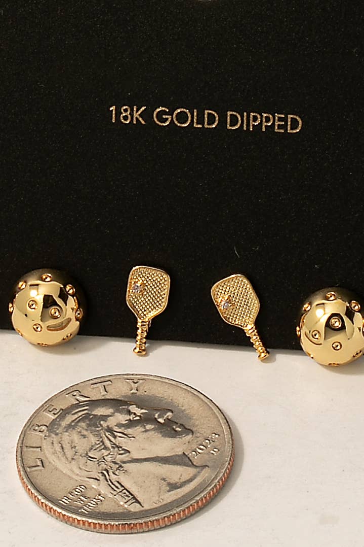 Columbus Gold Dipped Studded Pickle Ball Themed Stud Earring Set