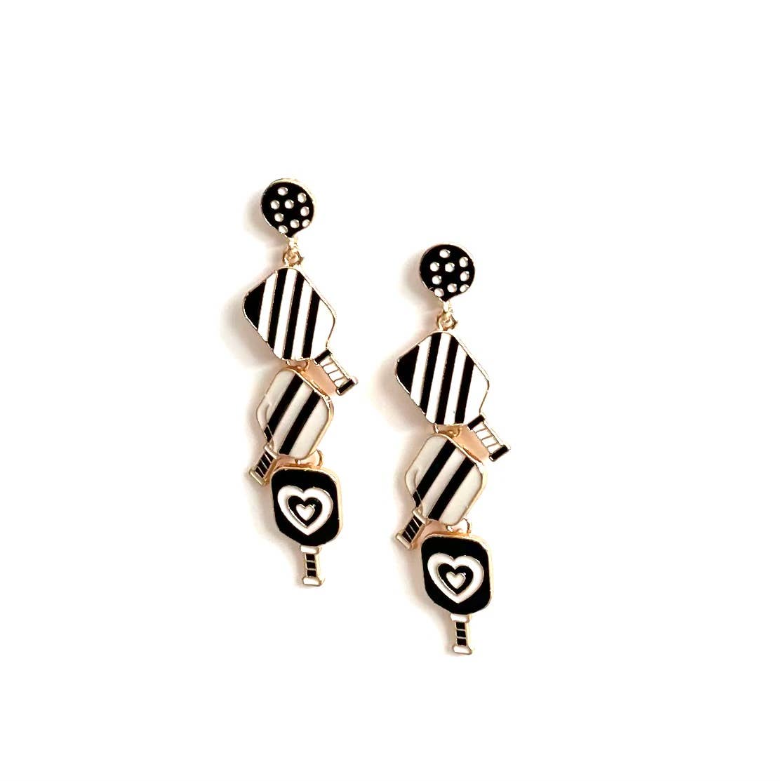 Fashion Pickleball Black and White Dangle Enamel Earrings