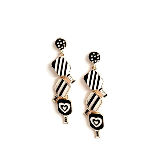 Fashion Pickleball Black and White Dangle Enamel Earrings