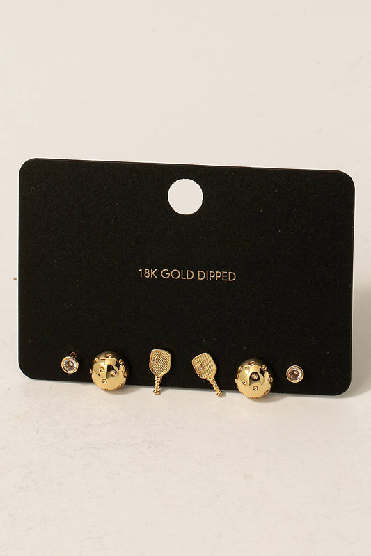 Columbus Gold Dipped Studded Pickle Ball Themed Stud Earring Set