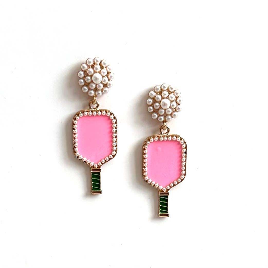 Fashion Hot Pink Dinking Pickleball Pearl Dangle Enamel Earrings