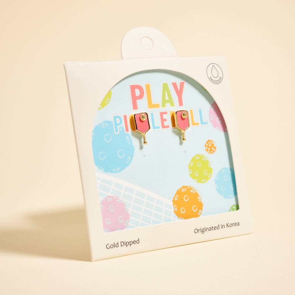 PLAY PICKLEBALL 18K Gold Dipped Pink Pickleball Paddle Earrings