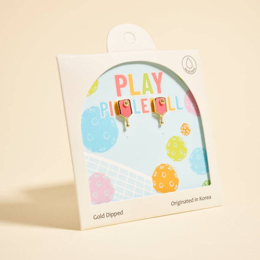 PLAY PICKLEBALL 18K Gold Dipped Pink Pickleball Paddle Earrings